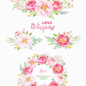 Love Whispers: 6 Watercolor Bouquets and 1 Wreath, flowers clipart, peony, wedding invitation, greeting card, diy clip art, flowers, spring image 2