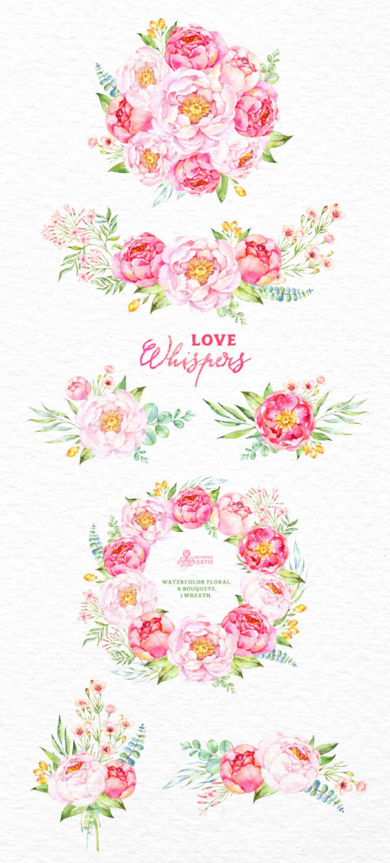 Love Whispers: 6 Watercolor Bouquets and 1 Wreath, flowers clipart, peony, wedding invitation, greeting card, diy clip art, flowers, spring image 2