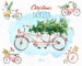Christmas Bicycles. Watercolor holiday clipart, vintage, snowman, overlay, dog, retro, gifts, Christmas tree, xmas, merry, holly, greetings 
