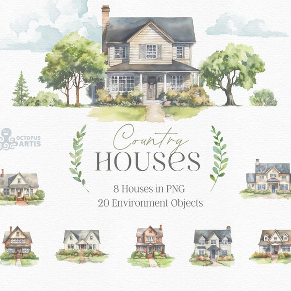 Country Houses. Watercolor clipart, trees, cottage, environment, home, png, landscape, wedding, village, venue,