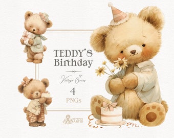 Teddy’s Birthday - Vintage. Animal clipart, woodland party, birthday's cake, flowers, cub, cute bear png, watercolor baby bear, invite