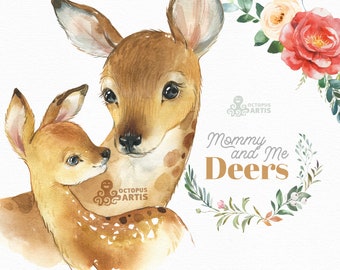 Deers. Mommy & Me. Watercolor animals clipart, woodland, family, mother's day, decor, nursery, birthday party, baby shower, png sublimation