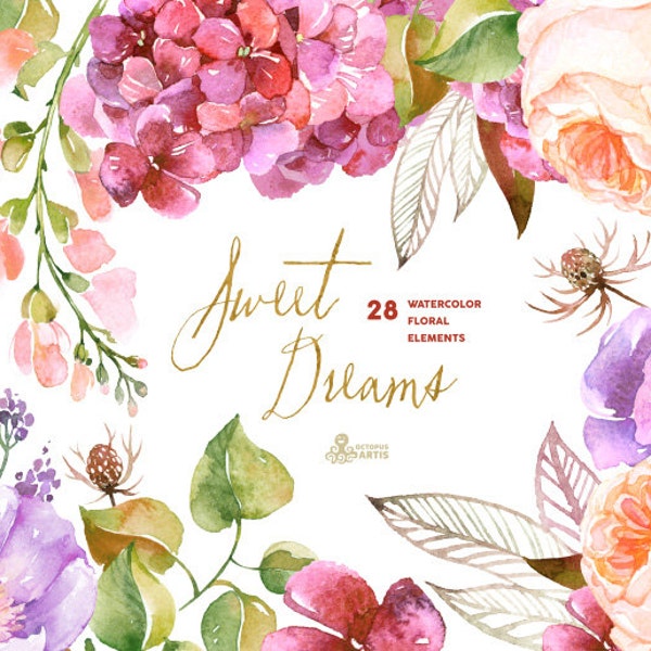 Sweet Dreams: 28 Aquarell Elemente, Hortensie, Rosen, Mohn, Hochzeitseinladung, floral, Grußkarte, diy Clip art, lila Blumen