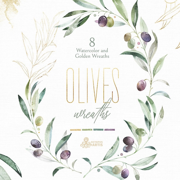 Olives Wreaths. Watercolor & Golden line Floral clipart, leaves, gold, greenery branch, wedding, bridal, invitation, dusty trendy modern art