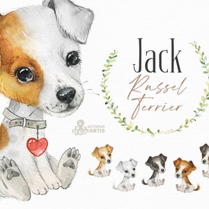 Jack Russel Terrier. Watercolor little pet clipart, portrait, puppy, doggie, baby, flowers, kids, nursery, dog, wreath, friend, scarf