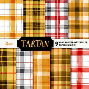 Tartan. 9 Watercolor papers. Buffalo plaid, scottish, brush, background, yellow, red, black, christmas, gift wrapper, winter, checkered, diy