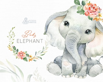 Baby Elephant. Watercolor little animal clipart, babies, flowers, safari, Africa, wreath, kids, cute, nursery art, baby-shower, octopusartis