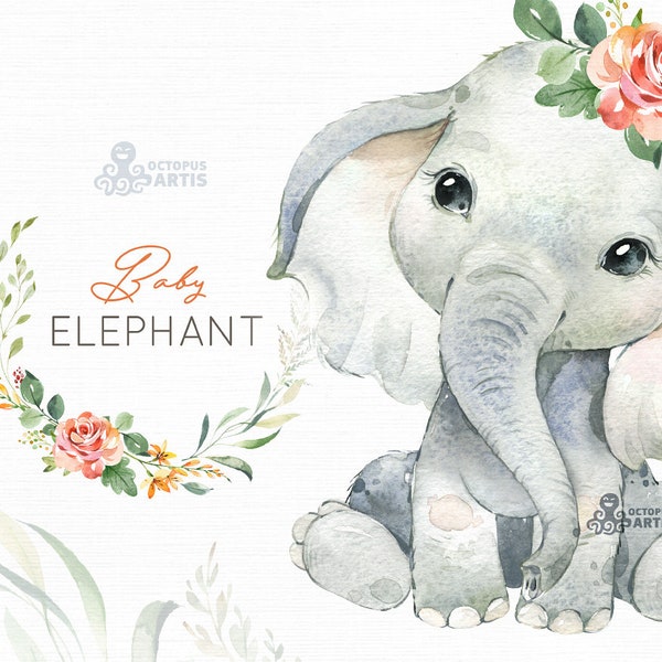 Baby Elephant. Watercolor little animal clipart, babies, flowers, safari, Africa, wreath, kids, cute, nursery art, baby-shower, octopusartis