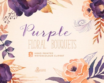 Purple Floral Bouquets: Digital Clipart Pack. Hand painted, watercolour flowers, wedding diy elements, flowers, invite, printable, blossom