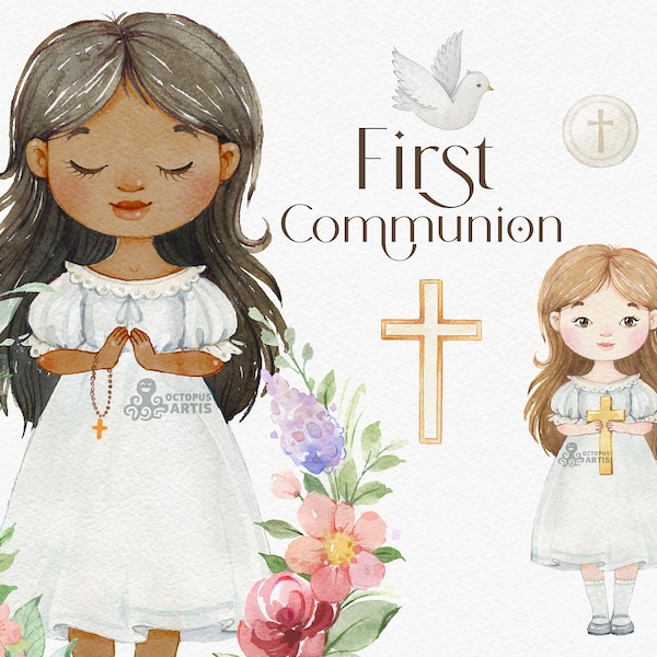 Primera Comunión 2. Clipart de acuarela, niña, iglesia, santo, flores, niña negra, cruz, invitación, decoración, png, orar, sacramento, Biblia