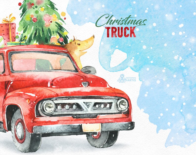 Christmas Truck. Watercolor holiday clipart car dog gifts | Etsy