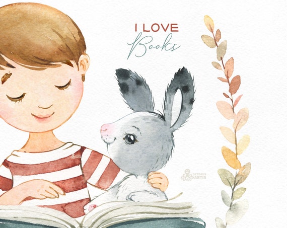 I Love Books. Watercolor Boy Clipart Rabbit Reading | Etsy