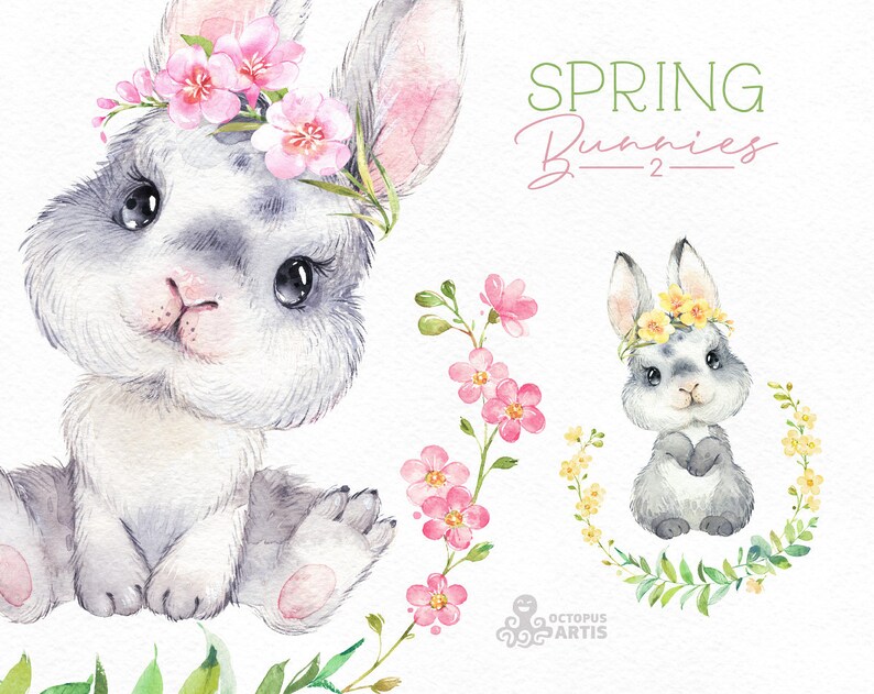 Spring Bunnies 2 Watercolor little animals and floral clipart Easter country nice forest cute nursery art baby shower wreath rabbit