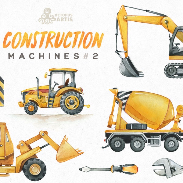 Construction Machines pt2. Watercolor clipart, building, Concrete Mixer, Backhoe, Digger, Excavator, Tractor, Boy, Cars, equipment, vehicles