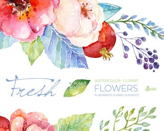 Fresh Flowers Clipart + Bouquet. Handpainted watercolor, wedding invitation, separate floral elements, greeting card, diy, pomegranate