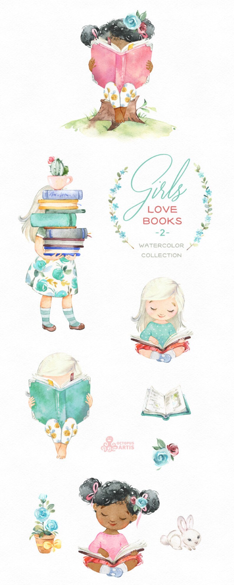 cute little girl reading Girls Love Books 2 Watercolor clipart back to school little lady outdoor florals flowers bunny kids nursery