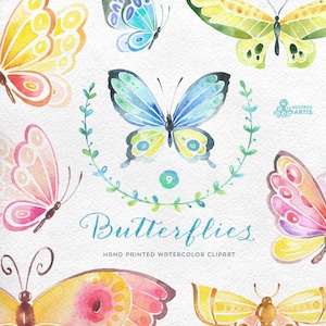 Butterflies Watercolor: 9 Separate hand painted clipart, diy elements, invitation, wedding, greetings, flowers, wings, digital butterfly