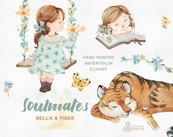 Soulmates. Bella & Tiger. Watercolor clipart, floral swing, spring clip art, book reading, best friends, baby shower party, birthday decor