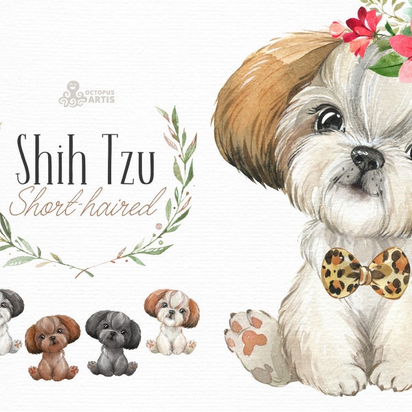 Shih Tzu. Short-Haired. Watercolor little dog clipart, portrait, puppy, doggie, baby, flowers, kids nursery, wreath, bowtie, birthday, art