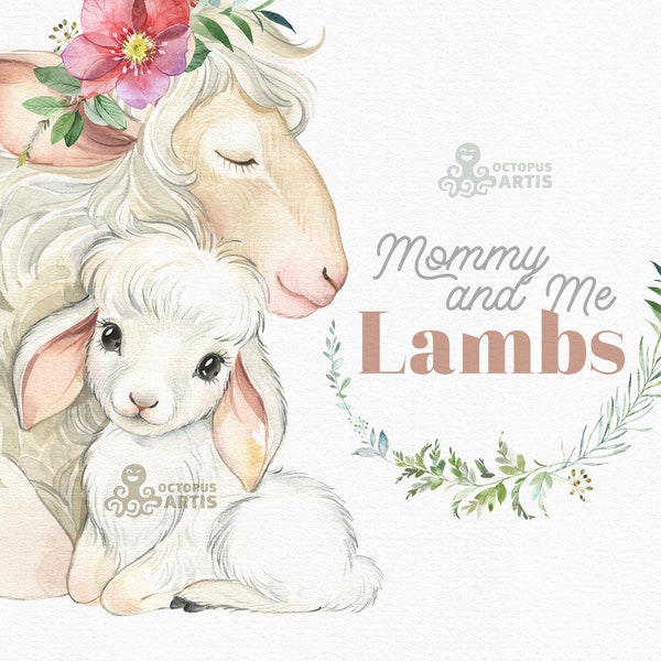 Lambs. Mommy & Me. Watercolor little animals clipart, mothers day clip art, Easter, cute sheep, farm png, sheep sublimation, nursery, family