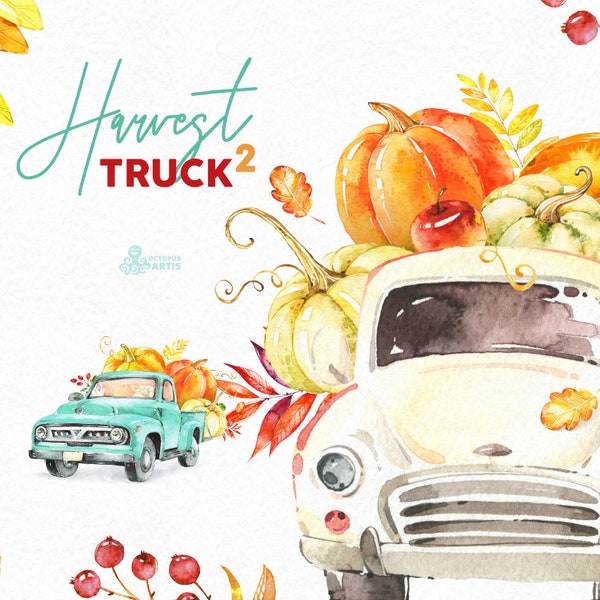 Erntewagen 2. Aquarell Herbst Clipart, Kürbisse, Auto, vintage, Bauernhof, Halloween, Herbst, gelb, Land, floral, Blatt, Diy, Karten, png