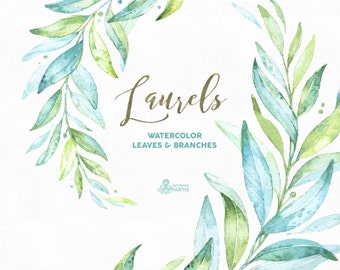 Laurels. Watercolor separate elements, leaves and branches. Soft green, greenery, wedding invitation, foliage, cards, clip art, olive, leaf
