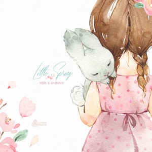 Little Spring. Mia & Bunny Watercolor clipart, girl, rabbit, banner kids flowers pink, delicate, baby shower, bouquet, cherry, sakura, boots imagem 6