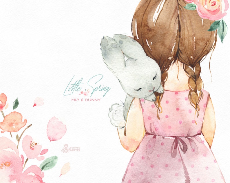 Little Spring. Mia & Bunny Watercolor clipart, girl, rabbit, banner kids flowers pink, delicate, baby shower, bouquet, cherry, sakura, boots imagem 6