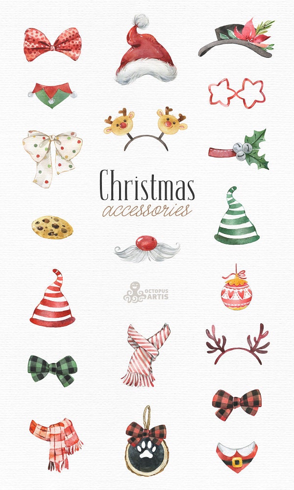 Christmas Accessories. Watercolor Clipart, Santa's Hat, Bow, Antlers,  Holiday, Party, Scarf, Add-on, Kids Nursery, , for Portraits, Animals 