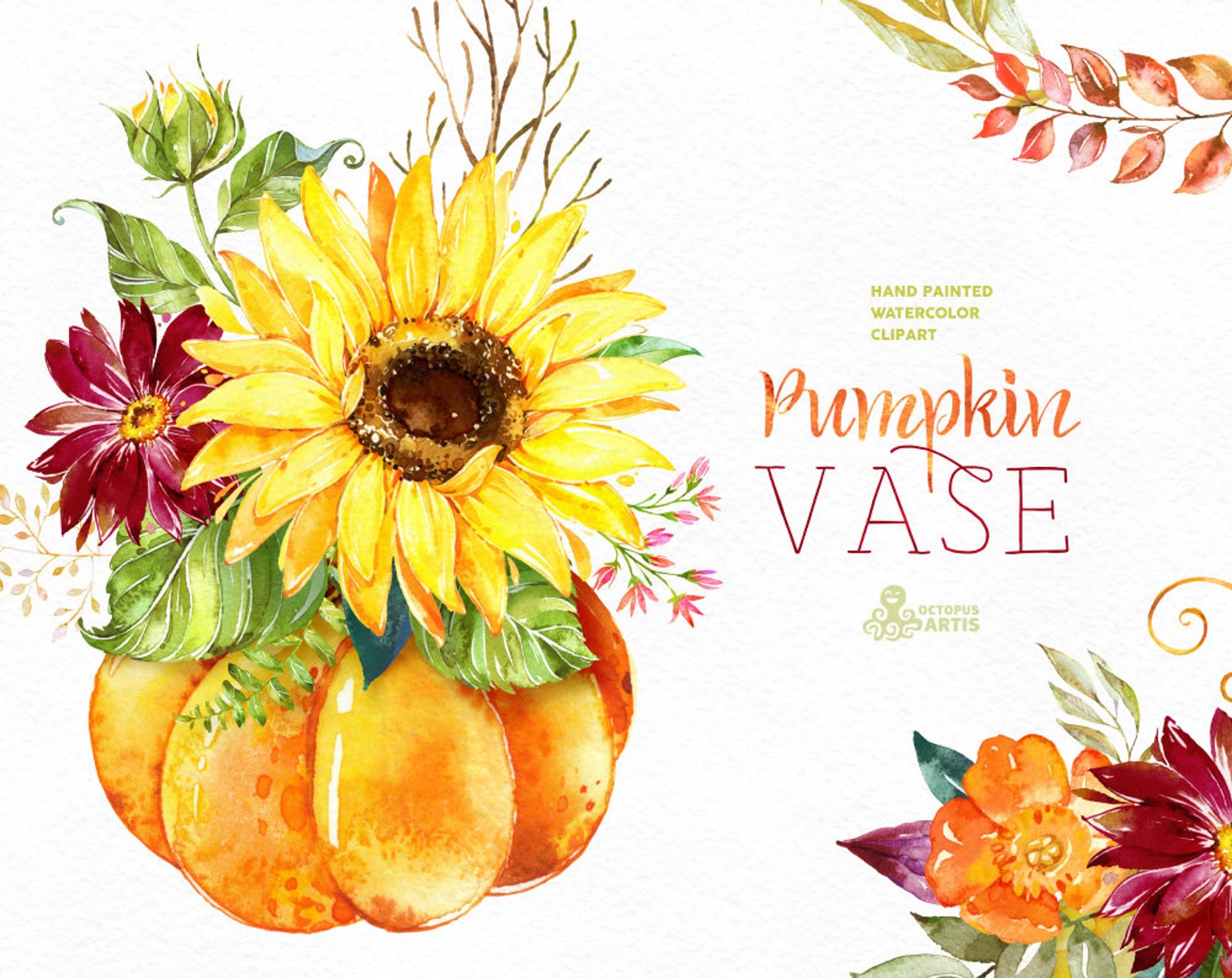 Pumpkin Vase. Watercolor Floral Arrangements Bouquets Etsy