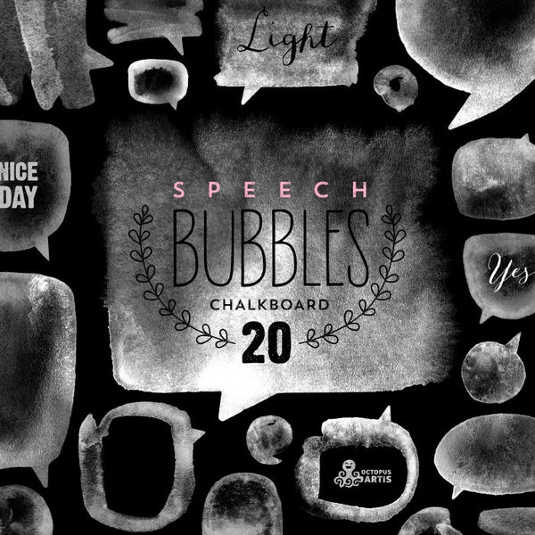 Speech Bubbles Chalkboard: 20 Digital files. Handmade, chalkboard clipart, diy elements, invite, black&white bubbles