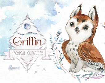 Griffin. Watercolor magical creatures clipart, gryphon, fantasy, beast, wreath, fairytale, moon, banner, floral, nursery art, baby shower