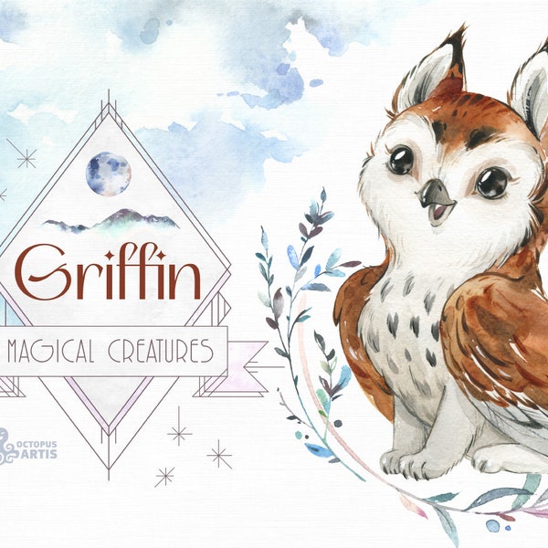 Griffin. Watercolor magical creatures clipart, gryphon, fantasy, beast, wreath, fairytale, moon, banner, floral, nursery art, baby shower