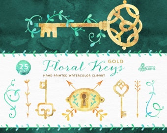 Floral Keys Gold & Mint. 25 watercolor Clipart, arrows, keyholes, floral, borders, doodles, diy elements, vintage, invite, wedding, cards