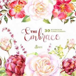 The Embrace. 30 Watercolor floral Elements, flowers clipart, roses, wedding invitation, greeting card, diy clip art, romantic, christmas