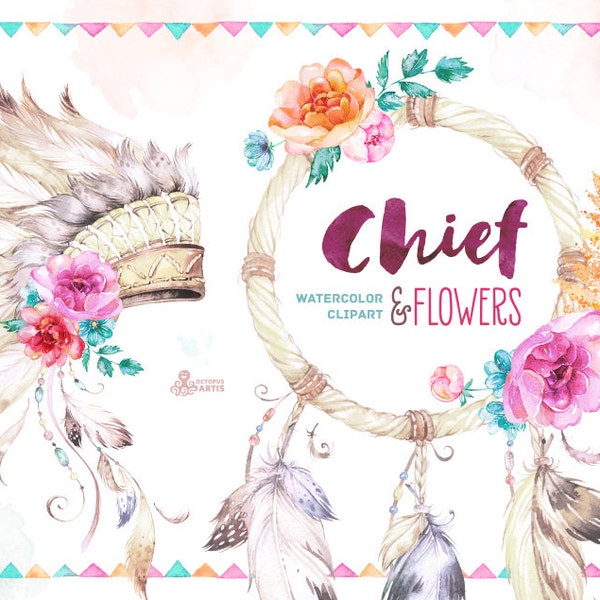 Chef et fleurs. Native Warbonnet, Dreamcatcher et Arrow. Aquarelle Clipart. Tribal, coiffe, fleurs, bricolage, citation, boho, indien, bricolage