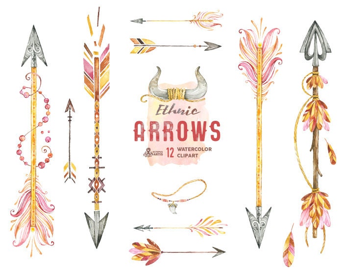 Download Ethnic Arrows. 12 Watercolor Hand painted Clipart elements ...