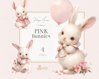 Pink Bunnies - Vintage. Animal clipart, girl bunny, rabbit peter, hare, birthday, flowers, watercolor bunny, nursery, png, baby shower