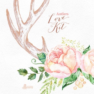 Love Kit With Antlers. Blush. Watercolor Flowers Clipart, Arrows, Peach ...
