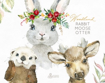 Little Rabbit Moose Otter. Watercolor animals clipart, woodland, forest, Elk, Christmas, floral, kids, cute, nursery art, nature, wild berry