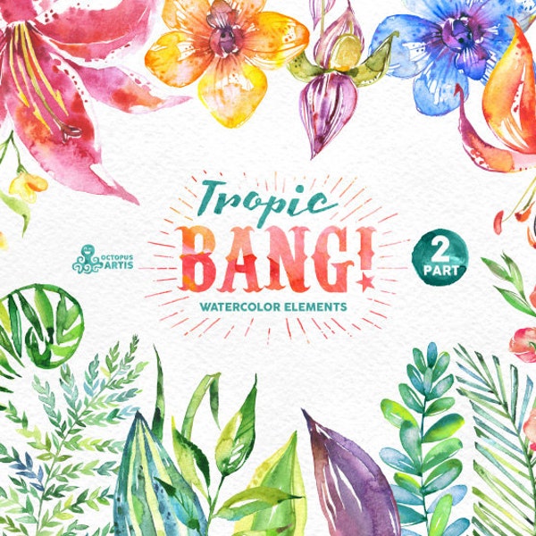 Tropic Bang Elements part 2. Watercolor clipart, lily, hibiscus, orchids, wedding invitation, floral, beach, greetings, diy clip art