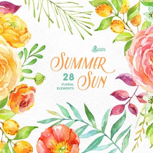 Summer Sun: 28 Floral Elements, popies, ranunculus, peonies, floral wedding invitation, greeting card, diy clip art, flowers, fruits, sun