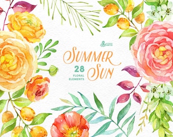 Summer Sun: 28 Floral Elements, popies, ranunculus, peonies, floral wedding invitation, greeting card, diy clip art, flowers, fruits, sun