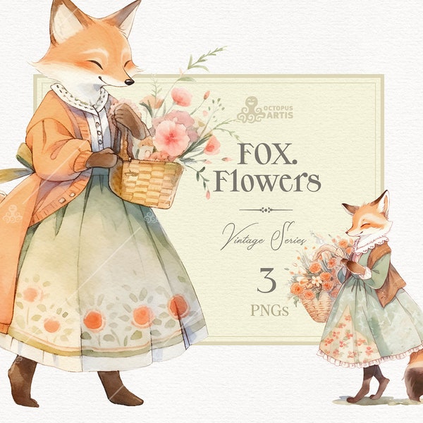 Fox. Flowers - Vintage. Animal clipart, woodland, birthday, Basket, bouquet, vixen, dress, watercolor, fairytale, nursery, png, country