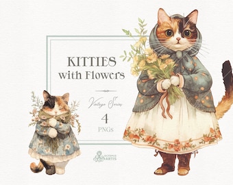 Kitties With Flowers - Vintage. Animal clipart, Flowers, birthday, cat, dress, watercolor, country, nursery art, png, baby shower, bouquet