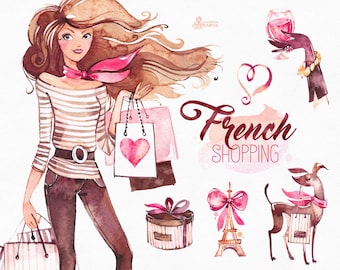 French Shopping. Watercolor fashion Clipart, shoes, fashion, dog, gift, Paris, france, logo, lady, girl, bags, shop, stickers, boutique,