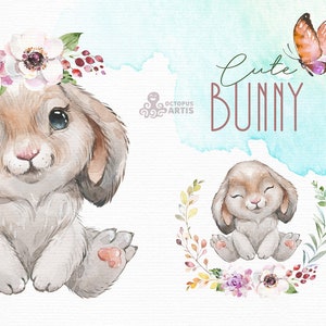 Schattig Konijntje. Aquarel kleine dieren en bloemen clipart, Lente, Pasen, krans, konijn, schattig, bloemen, land, kwekerij kunst, baby douche afbeelding 1