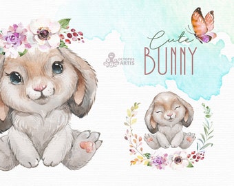 Cute Bunny. Watercolor little animals and floral clipart, Spring, Easter, wreath, rabbit, cute, flowers, country, nursery art, baby shower