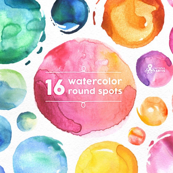 Watercolor Round Spots Clipart: 16 Digital files. Hand painted, brush strokes, splodge, splotch, abstract watercolour, background, frame