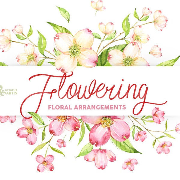 Flowering. Watercolour arrangements, templates, frames, flowers, green, pink, wedding invitation, diy clip art, delicate, romantic, spring